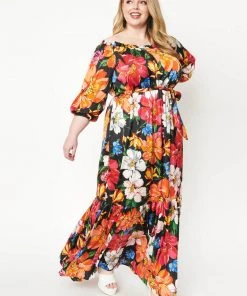 New In Unique Vintage Sweet Escape 70's Maxi Dress Black Pink