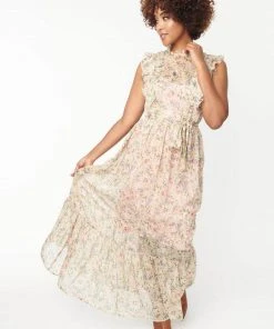 Unique Vintage Beauty Queen Floral 70's Maxi Dress Pink Pastel New In