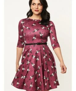 New In Unique Vintage X Corpse Bride Stephanie Flying Skulls A-Line Dress Wine