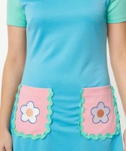 Unique Vintage Smak Parlour Wave Maker Stripe 60's Mini Dress Blue New In