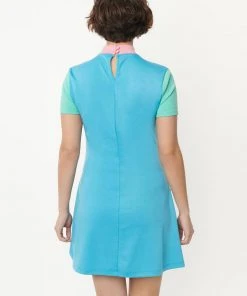 Unique Vintage Smak Parlour Wave Maker Stripe 60's Mini Dress Blue New In