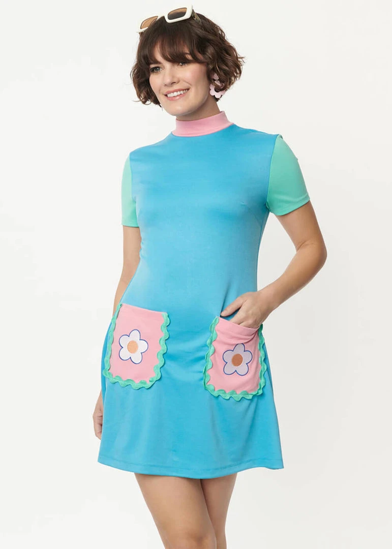 Unique Vintage Smak Parlour Wave Maker Stripe 60's Mini Dress Blue New In