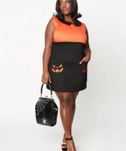 New In Unique Vintage Smak Parlour Pumpkin Power 60's Mini Dress Black Orange