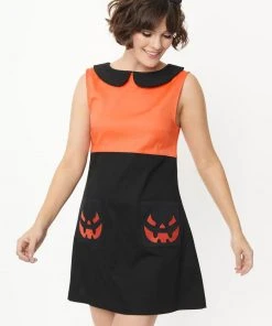 New In Unique Vintage Smak Parlour Pumpkin Power 60's Mini Dress Black Orange