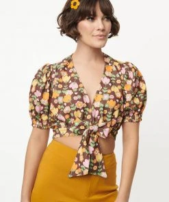 Unique Vintage Smak Parlour Roller Queen Tulip 60's Crop Blouse Brown New In