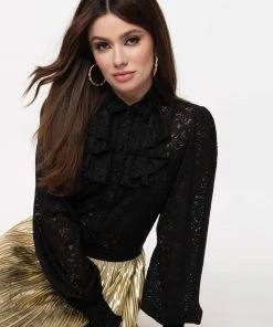 Unique Vintage Smak Parlour Cooler Convo Lace 60's Blouse Black New In