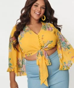 Unique Vintage Smak Parlour Belva Vintage Bouquet 70's Blouse Yellow New In