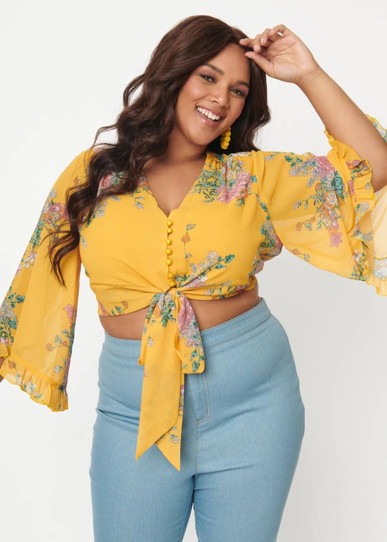 Unique Vintage Smak Parlour Belva Vintage Bouquet 70's Blouse Yellow New In