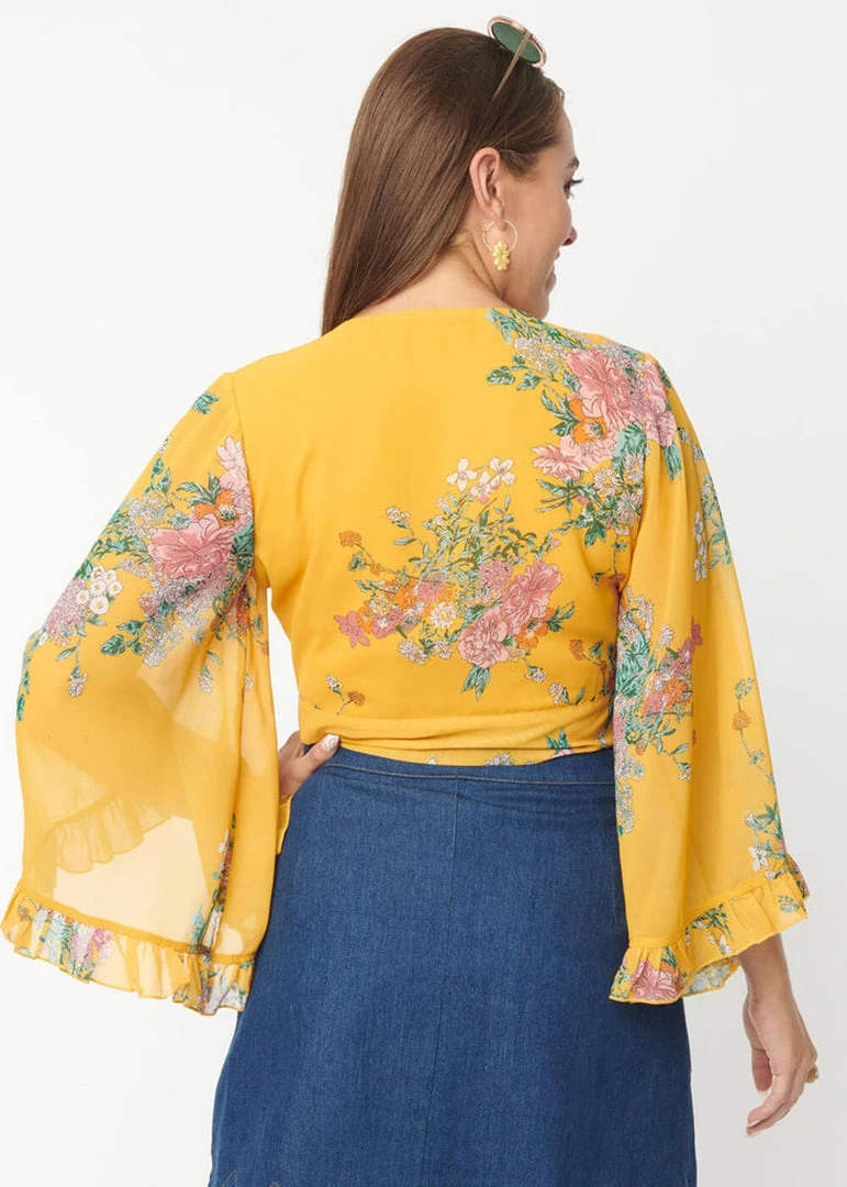Unique Vintage Smak Parlour Belva Vintage Bouquet 70's Blouse Yellow New In