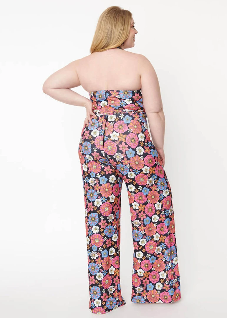 New In Unique Vintage Smak Parlour Glamour Goddess Floral 70's Jumpsuit Black Purple