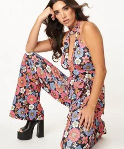 New In Unique Vintage Smak Parlour Glamour Goddess Floral 70's Jumpsuit Black Purple