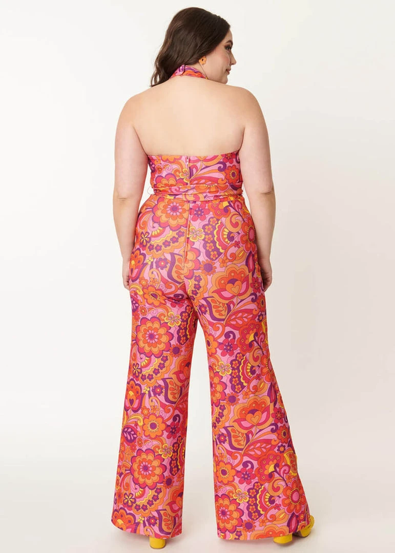 New In Unique Vintage Smak Parlour Glamour Goddess Floral 70's Jumpsuit Pink