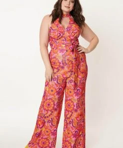 New In Unique Vintage Smak Parlour Glamour Goddess Floral 70's Jumpsuit Pink