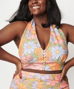 Unique Vintage Smak Parlour Feelin Groovy Daisy 60's Crop Top Green New In