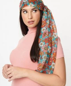 Unique Vintage Smak Parlour Floral Long Hair Scarf Teal Pink
