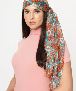 Unique Vintage Smak Parlour Floral Long Hair Scarf Teal Pink