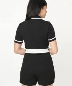 New In Unique Vintage Smak Parlour Belted Romper 60's Playsuit Black White