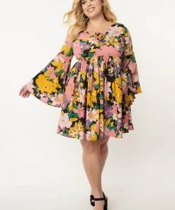 New In Unique Vintage Smak Parlour Aura Floral 60's Babydoll Dress Black