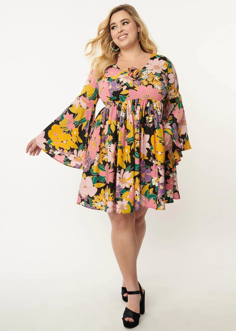 New In Unique Vintage Smak Parlour Aura Floral 60's Babydoll Dress Black