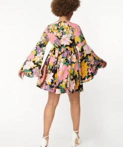 New In Unique Vintage Smak Parlour Aura Floral 60's Babydoll Dress Black