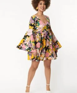 New In Unique Vintage Smak Parlour Aura Floral 60's Babydoll Dress Black