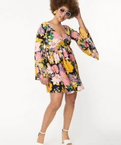 New In Unique Vintage Smak Parlour Aura Floral 60's Babydoll Dress Black