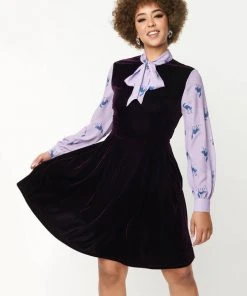 Unique Vintage Smak Parlour She.E.O. Scaredy Cat 60's A-Line Dress Black Purple