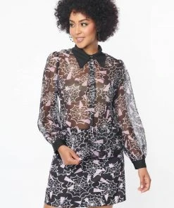 Unique Vintage Smak Parlour Spiderweb 50's Blouse Black Purple New In