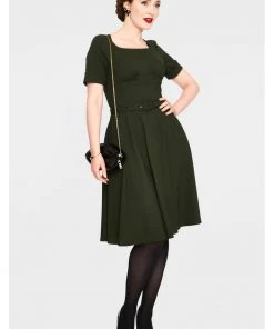 New In Voodoo Vixen Lucia 50's Midi Swing Dress Olive Green