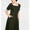 New In Voodoo Vixen Lucia 50's Midi Swing Dress Olive Green