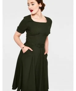 New In Voodoo Vixen Lucia 50's Midi Swing Dress Olive Green