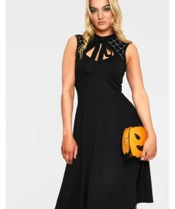 Voodoo Vixen Skye Spider Web 50's Swing Dress Black