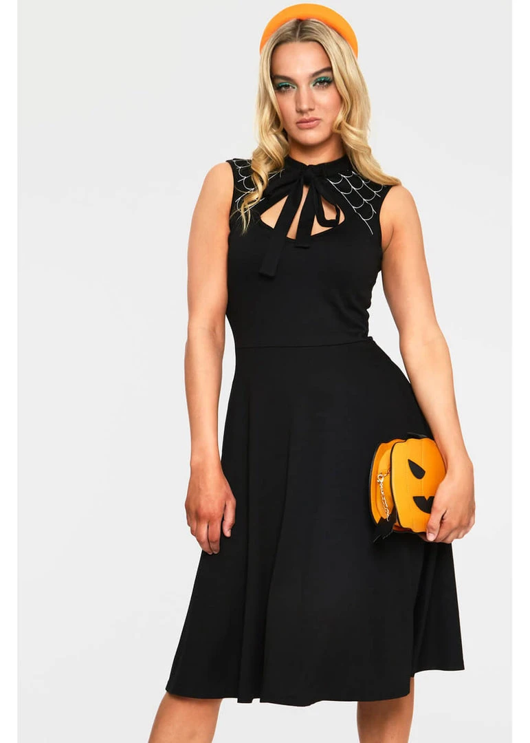 Voodoo Vixen Skye Spider Web 50's Swing Dress Black