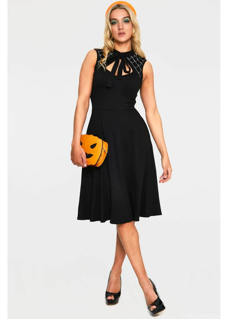 Voodoo Vixen Skye Spider Web 50's Swing Dress Black