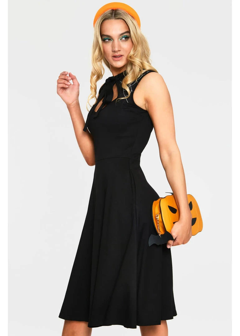 Voodoo Vixen Skye Spider Web 50's Swing Dress Black